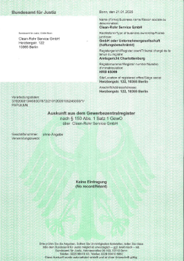 Clean-Rohr-Service GmbH Zertifikat Auskunft aus dem Gewerbetentralregister